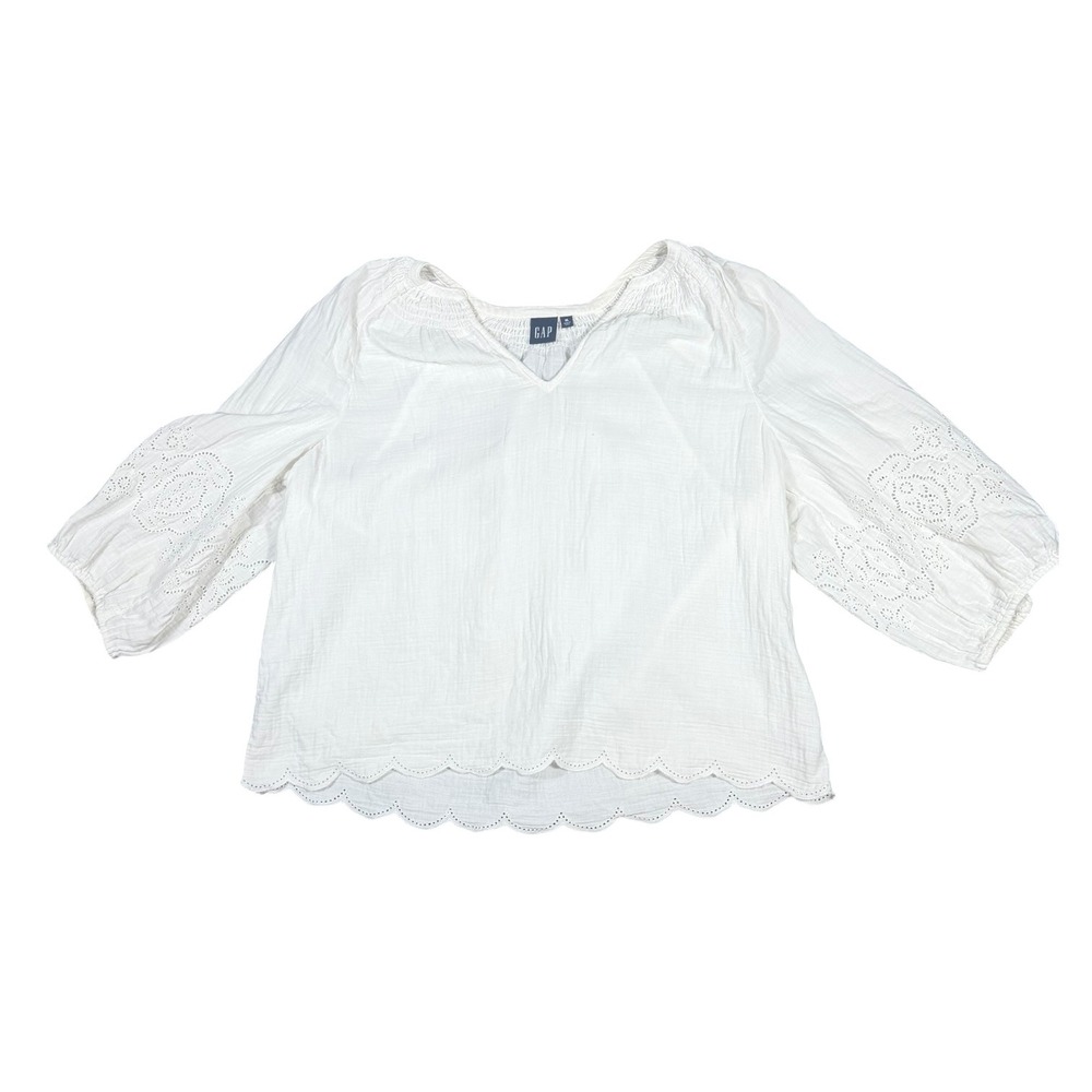Gap Blouse Womens XL White Eyelet Smocked Balloon Sleeve Scalloped Hem Gauze Top - Picture 2 of 14